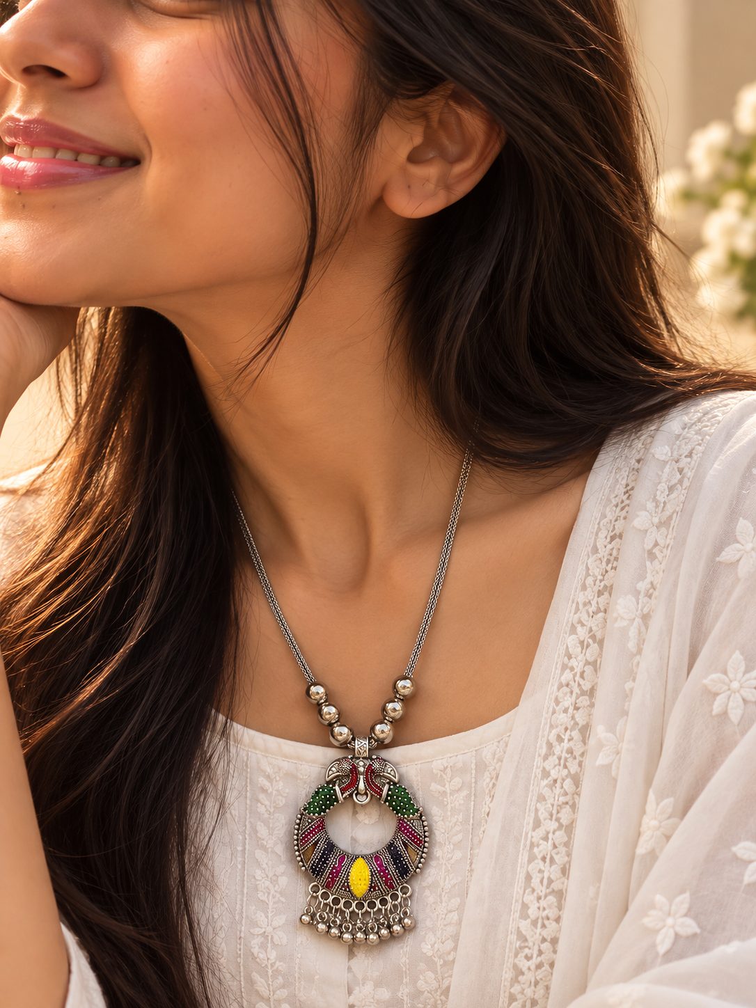 Peacock Enamel Chandbali Necklace, chain pendants