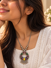 Peacock Enamel Chandbali Necklace, chain pendants, photograph 2