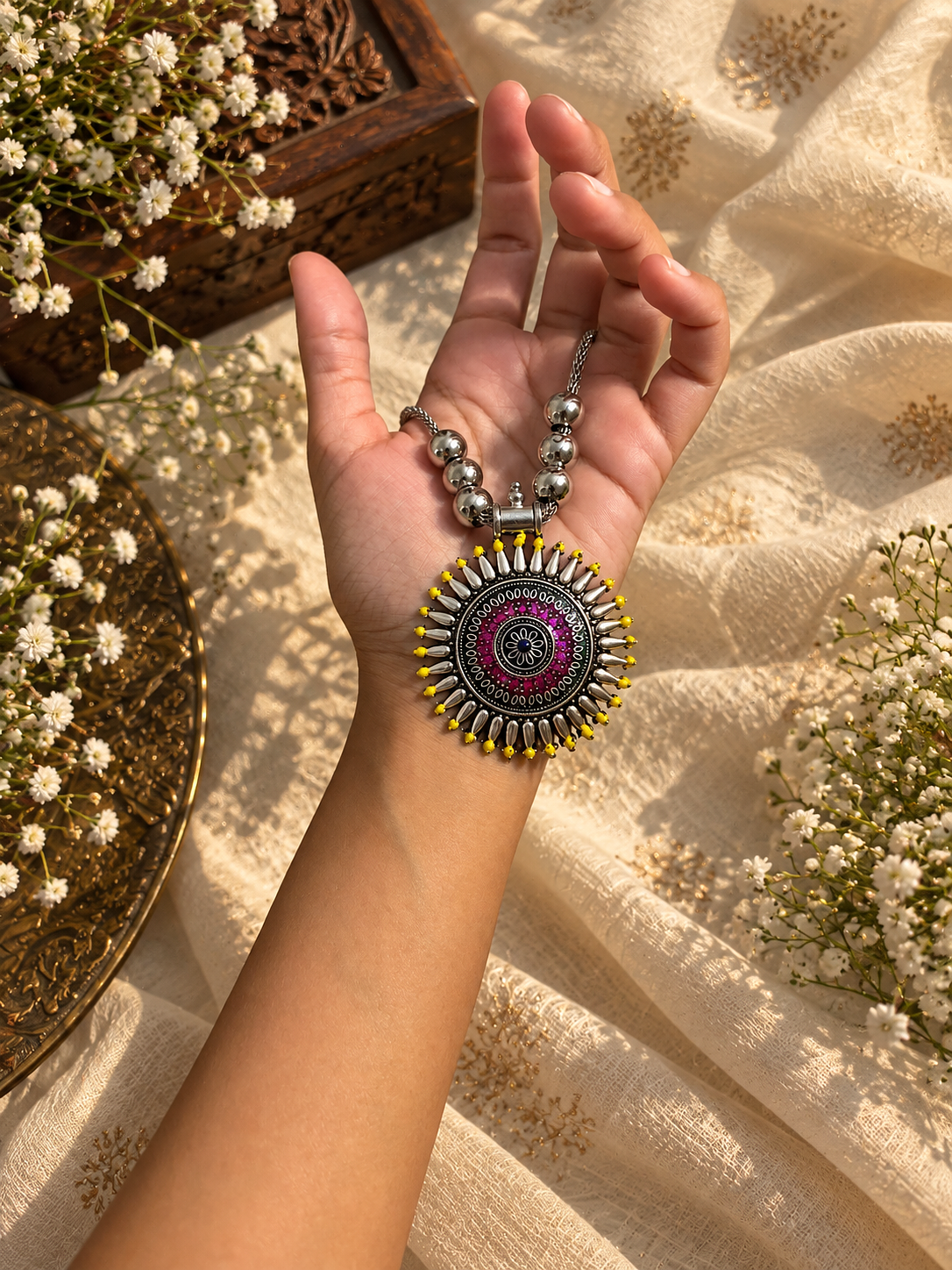 Magenta Sunburst Pendant, chain pendants