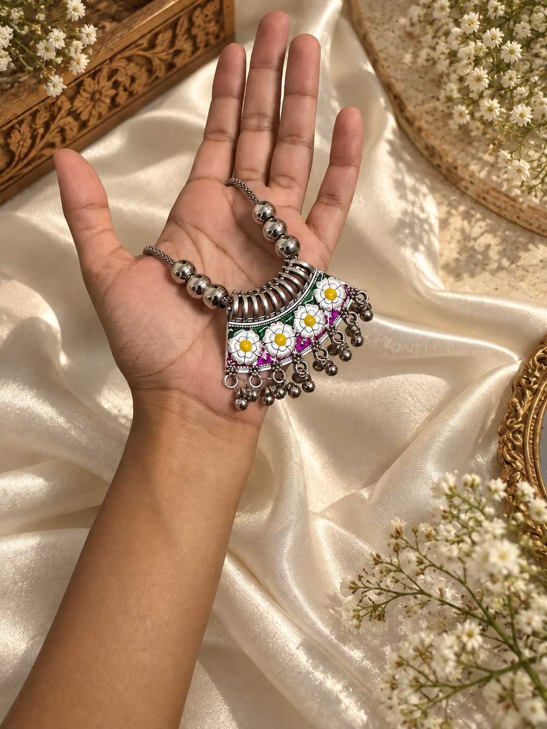 Enamel Floral Fan Necklace, chain pendants