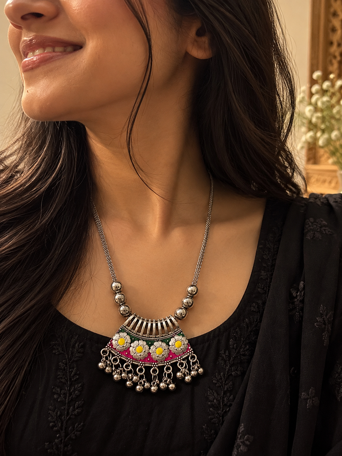 Enamel Floral Fan Necklace, chain pendants