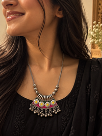 Enamel Floral Fan Necklace, chain pendants, photograph 1