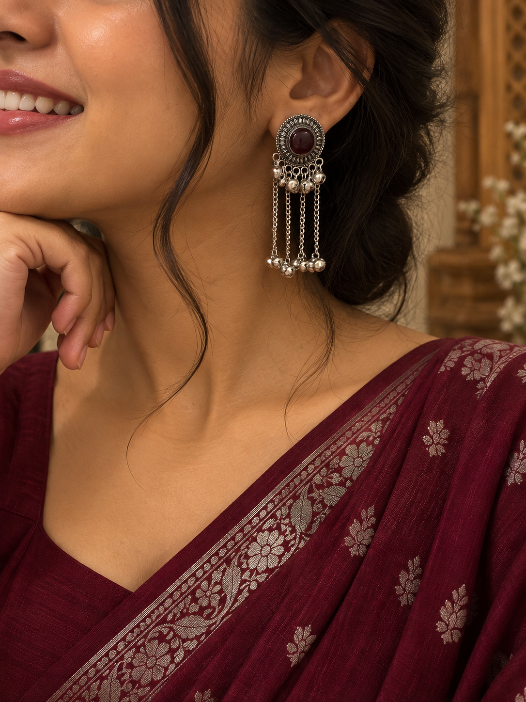 Maroon Stone Tassel Earrings