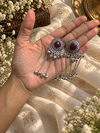 Maroon Stone Tassel Earrings, photograph 2