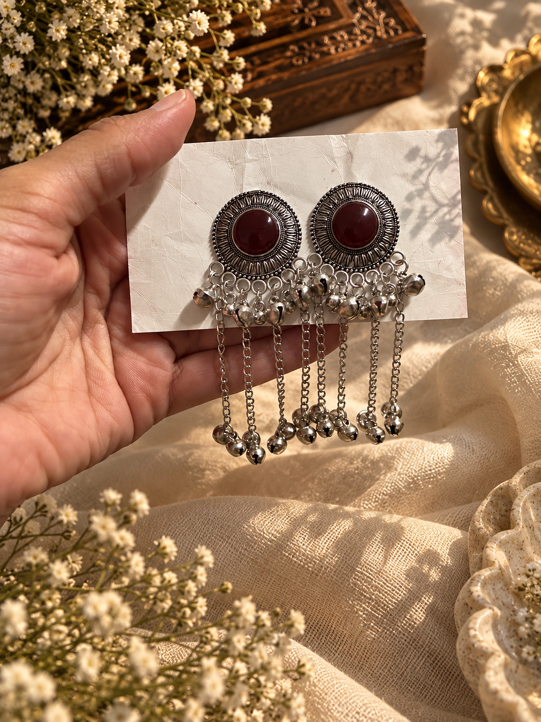 Maroon Stone Tassel Earrings