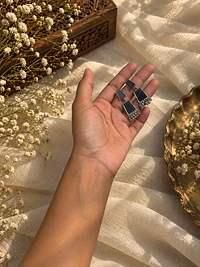 Black Geometric Ghungroo Drops, earrings, photograph 2